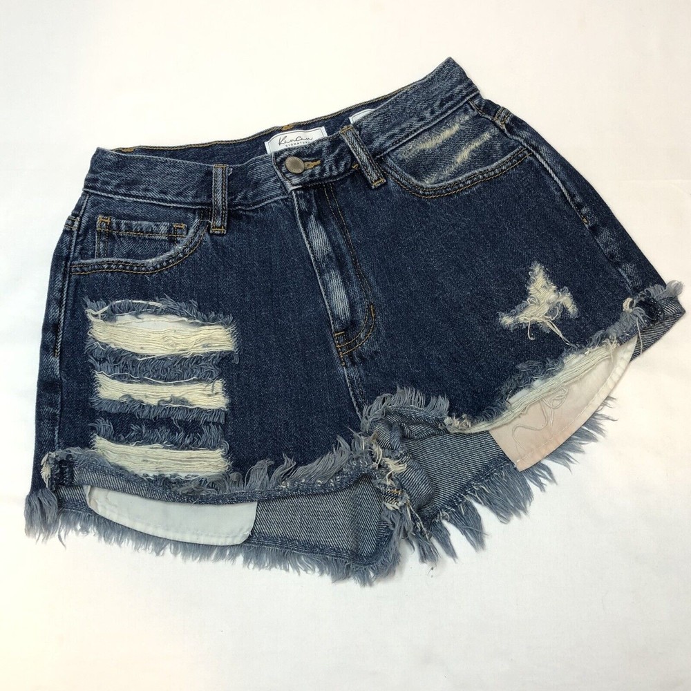 Kancan Ultra High Rise Denim Shorts SMALL Raw Hem Distressed Signature Shortie